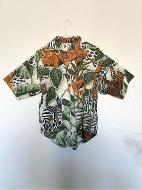 VTG 80s Caribou Safari Print Button-Up T-Shirt Shirt Leopard Lion Zebra Gazelle